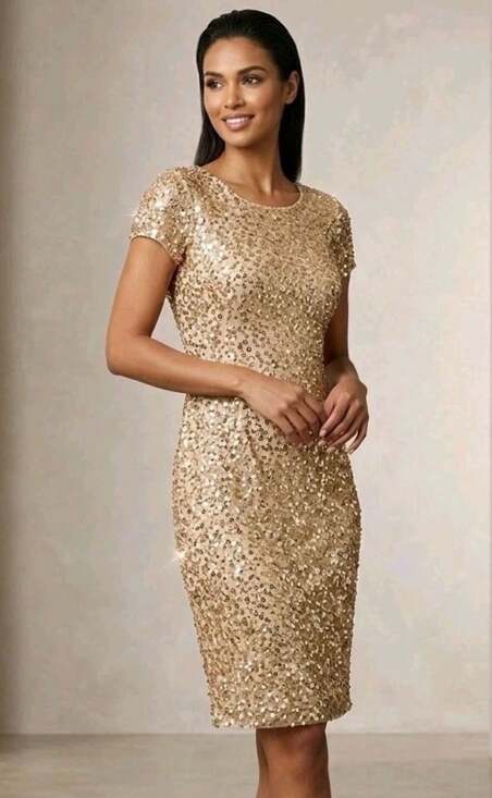 Adrianna Papell Dresses & Skirts - Adrianna Papell Short Sleeve Scoop Back Champagne Gold Sequin Dress 6 Petite